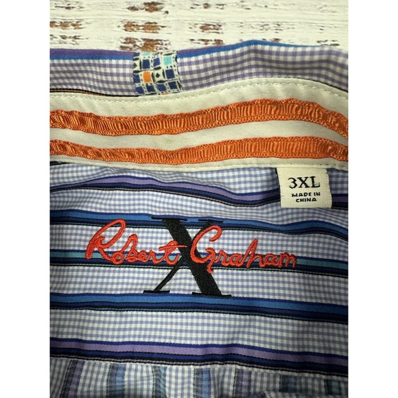 Robert Graham Men's Long Sleeve Flip Cuff Blue Gingham Striped Shirt Sz 3XL - Picture 3 of 4